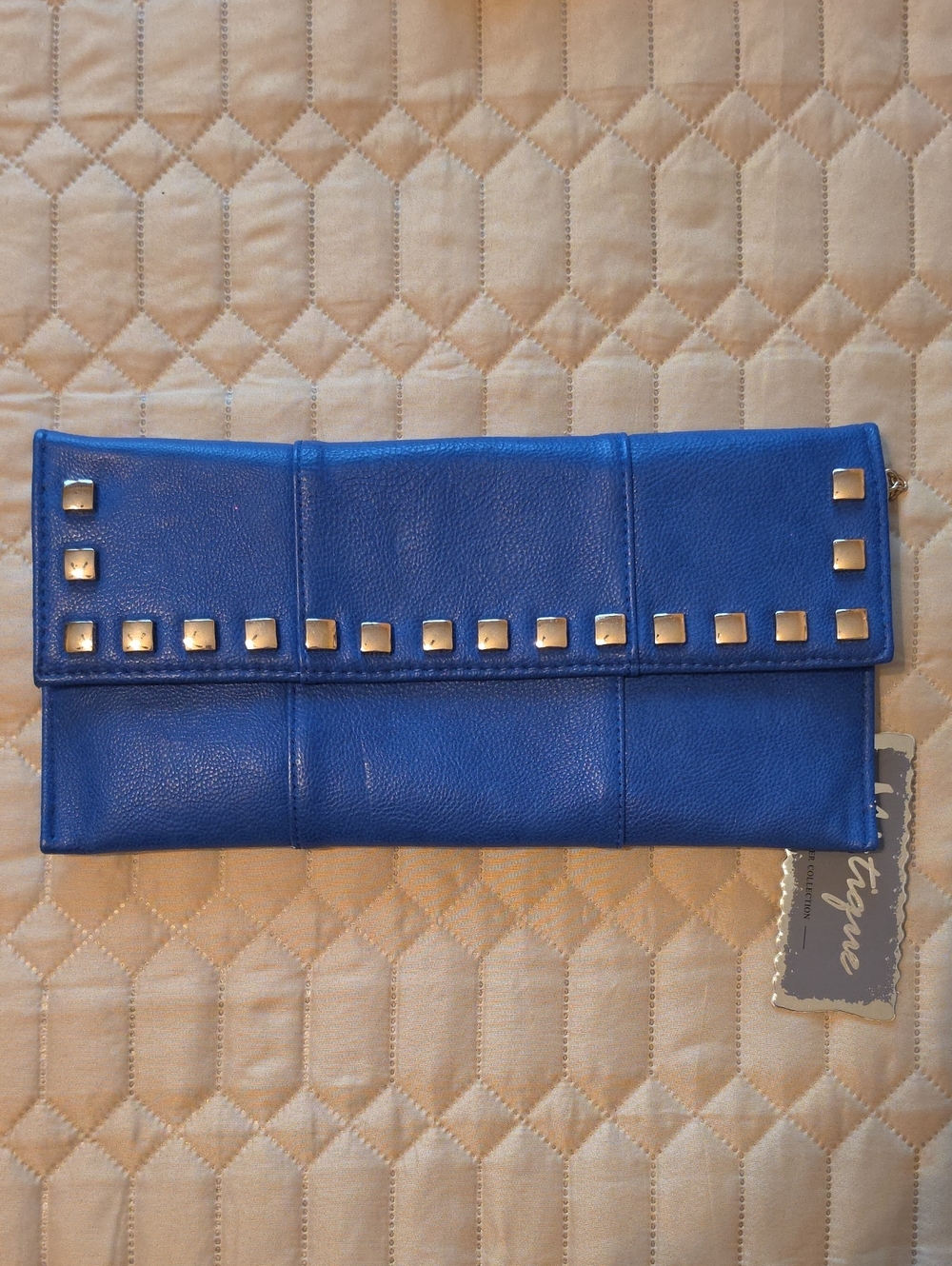 Studded Blue Leather Foldover Clutch by